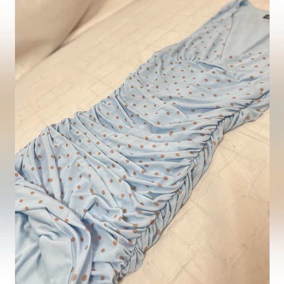 ZARA Blue Polka Dot Mini Dress Ruched V Neck Women’s Size Large NEW - Picture 8 of 14